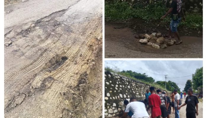 Jalan Rusak Tak Kunjung Diperbaiki, Pemuda Naetimu dan Rinbesihat Turun Tangan Cegah Kecelakaan