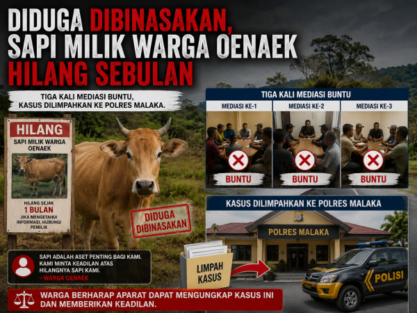 Diduga Dibinasakan, Sapi Milik Warga Oenaek Hilang Sebulan, Tiga Kali Mediasi Buntu, Kasus Dilimpahkan ke Polres Malaka 1 Diduga Dibinasakan, Sapi Milik Warga Oenaek Hilang Sebulan, Tiga Kali Mediasi Buntu, Kasus Dilimpahkan ke Polres Malaka