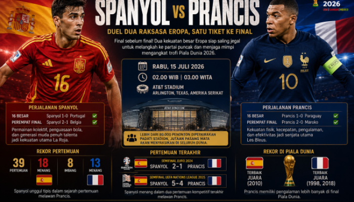 Spanyol vs Prancis, Final Sebelum Final: Duel Dua Raksasa Eropa Perebutkan Tiket ke Partai Puncak Piala Dunia 2026