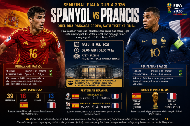 Spanyol vs Prancis, Final Sebelum Final: Duel Dua Raksasa Eropa Perebutkan Tiket ke Partai Puncak Piala Dunia 2026 1 Spanyol vs Prancis, Final Sebelum Final: Duel Dua Raksasa Eropa Perebutkan Tiket ke Partai Puncak Piala Dunia 2026